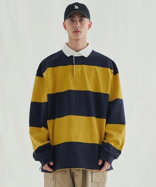 OVER FIT STRIPE RUGBY SHIRT [NAVY/YELLOW] | KRAZZY