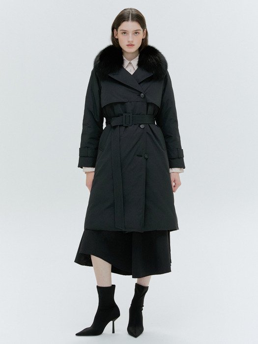 ★HACIE★ TRENCH DETAIL GOOSE DOWN FOX FUR JACKET [3COLORS] Winter Fox Fur Coat Down Jacket Women's Fashion Waist