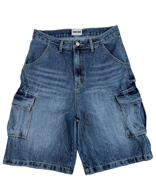 Crinkle Washing Cargo Denim Shorts Blue | KRAZZY
