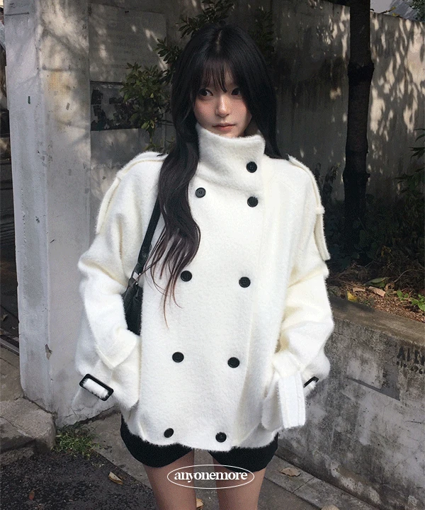 Doven High-Neck Double-Button Angora Trench Knit Coat (2 Colors)